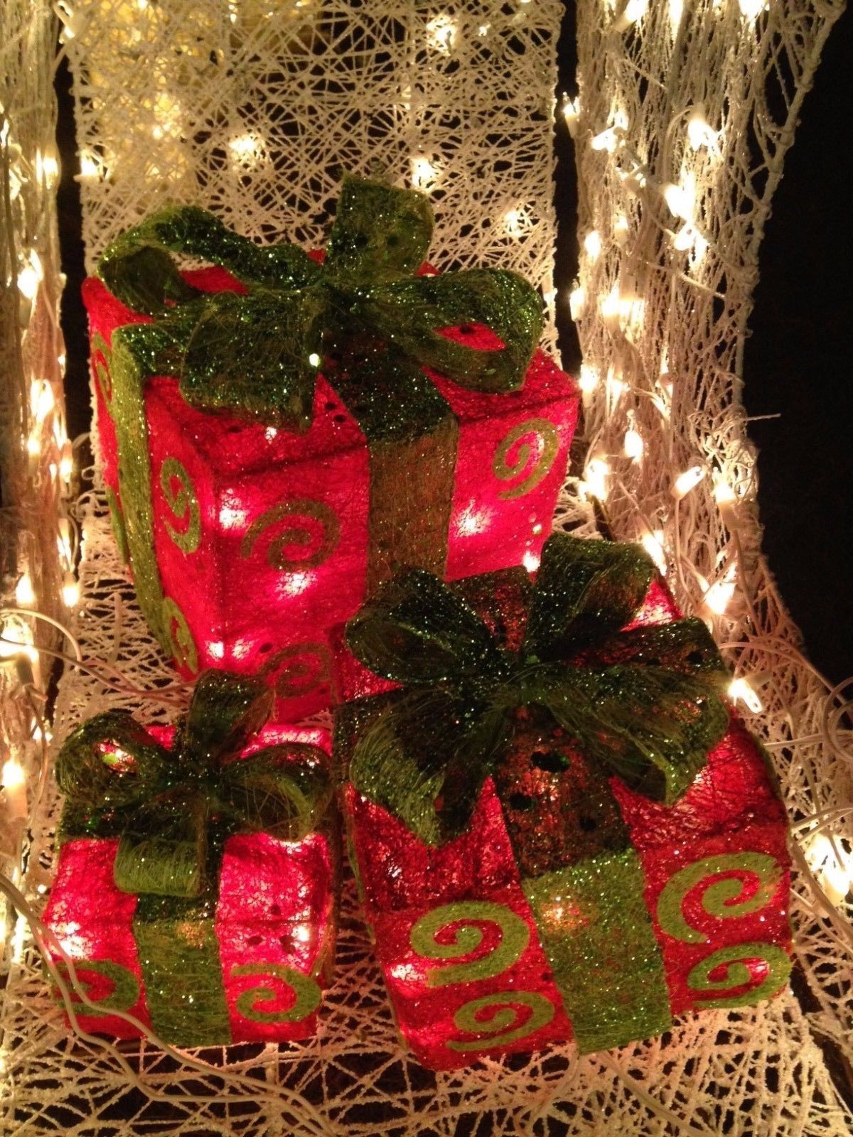 Christmas decorations gift outdoor lighted box indoor unique decor cheap boxes decoration presents display holiday yard lakeside gifts tree decorating Tis Your Season | 3pc Red Lighted Sisal Christmas Gift Boxes Presents Outdoor Christmas Decor