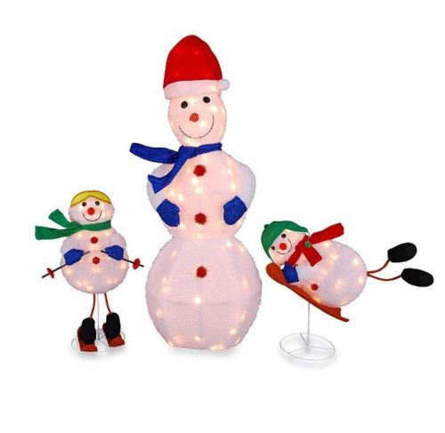 3 Pc Tinsel Snowman Family Lighted Outdoor Christmas Decoration