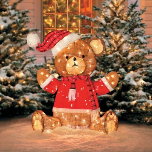 39" Pre-Lit Teddy Bear Burlap Country Christmas Decoration