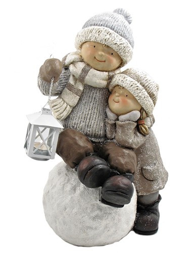 Boy & Girl Playing in Snow Christmas Figurine Tushkas