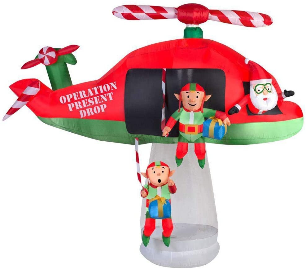 Gemmy Animated Inflatable Santa and Elves in Helicopter Scene