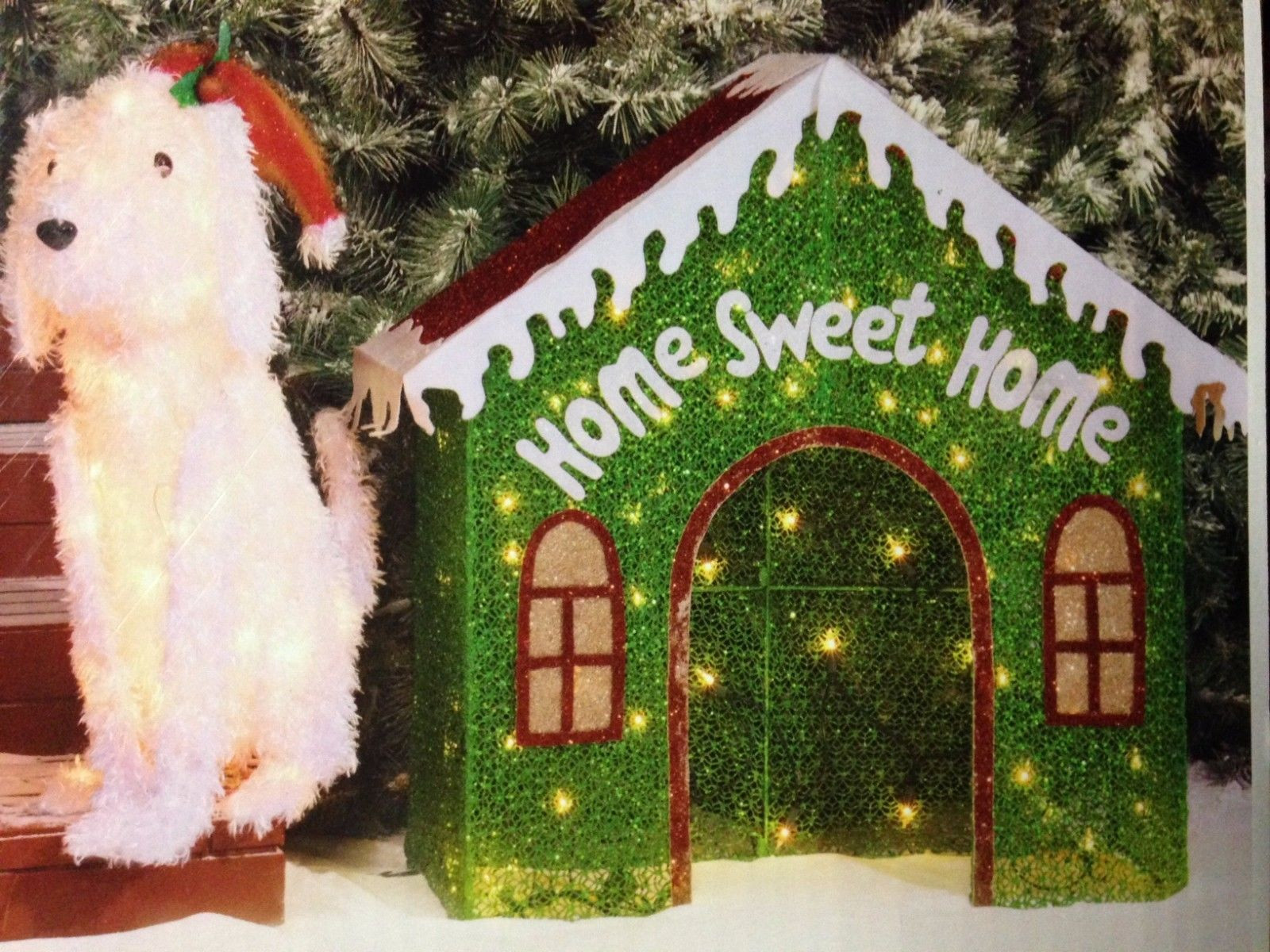 Fluffy Christmas Dog & Doghouse Lighted Mesh Sculpture Christmas Decoration