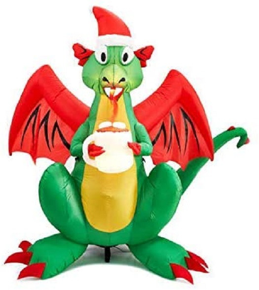 6 Ft Airblown Inflatable Fire Breathing Christmas Dragon with Santa Hat and Cup of Hot Chocolate