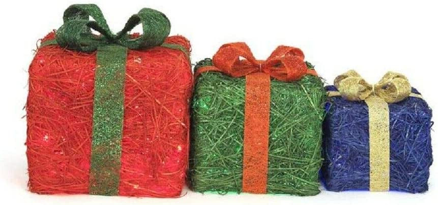 Sisal Gift Boxes Lighted Christmas Decoration Set of 3