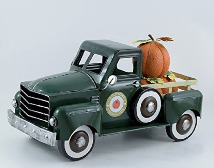 Green Metal Autumn Harvest Truck with Removable Pumpkins