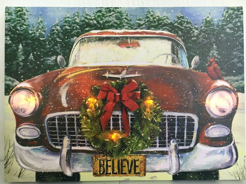Antique Car with Wreath Picture on Canvas
