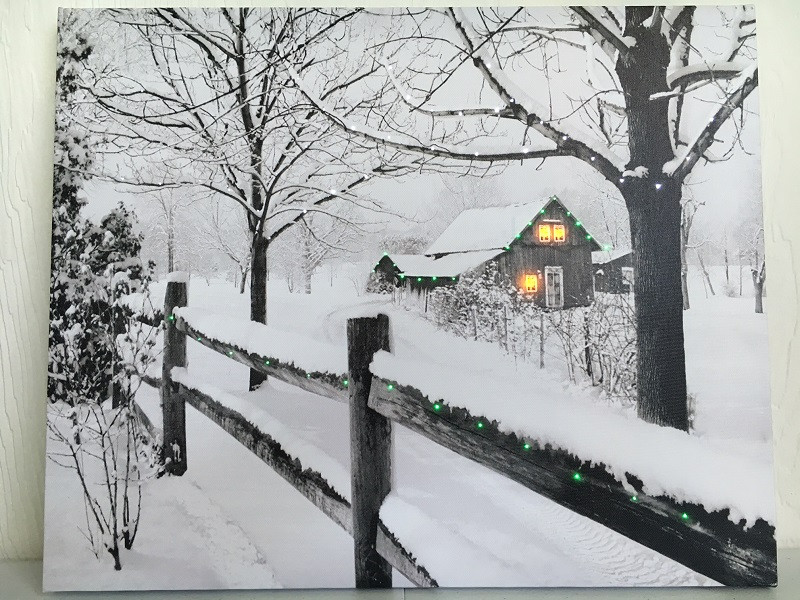 Snow Covered Lighted Fence & House Picture on Canvas