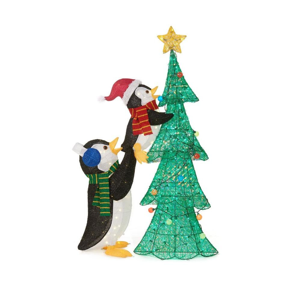 62 in. LED Lighted Tinsel Penguins with Christmas Tree
