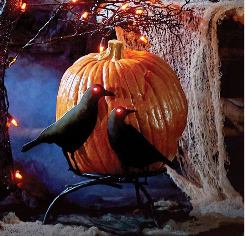 Crows On Branch Pumpkin Holder Display Stand Halloween with Light Up Eyes