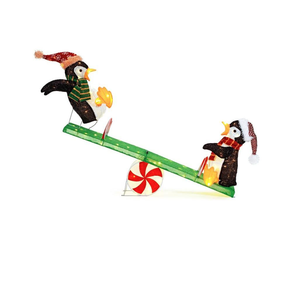 48 in. LED Lighted Tinsel Happy Penguins on Seesaw