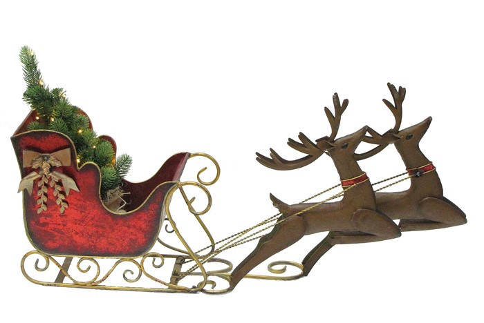 Large Santa Sleigh and Reindeer with LED Christmas Tree