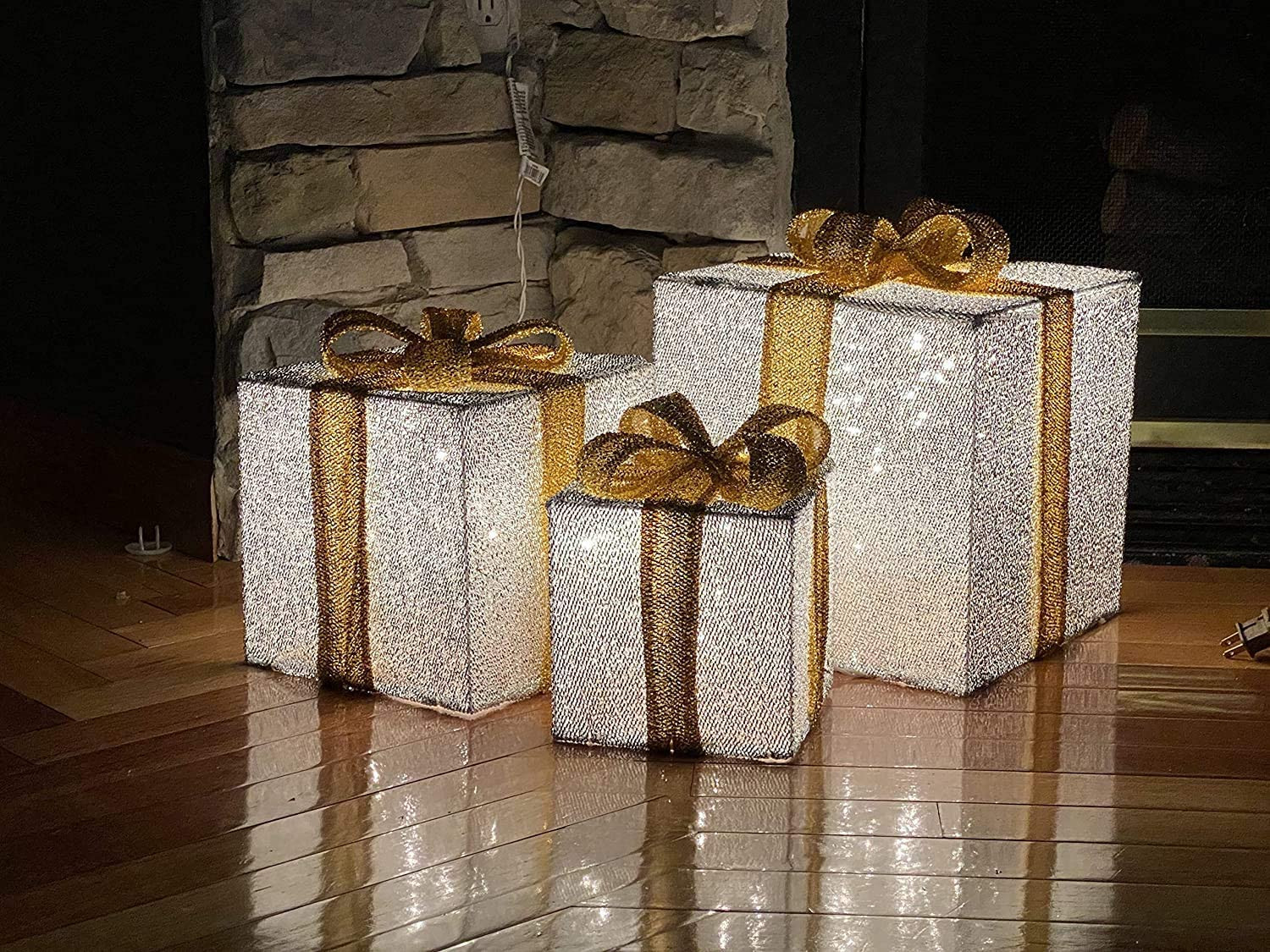 3pc Lighted Silver Glittering Christmas Gift Boxes