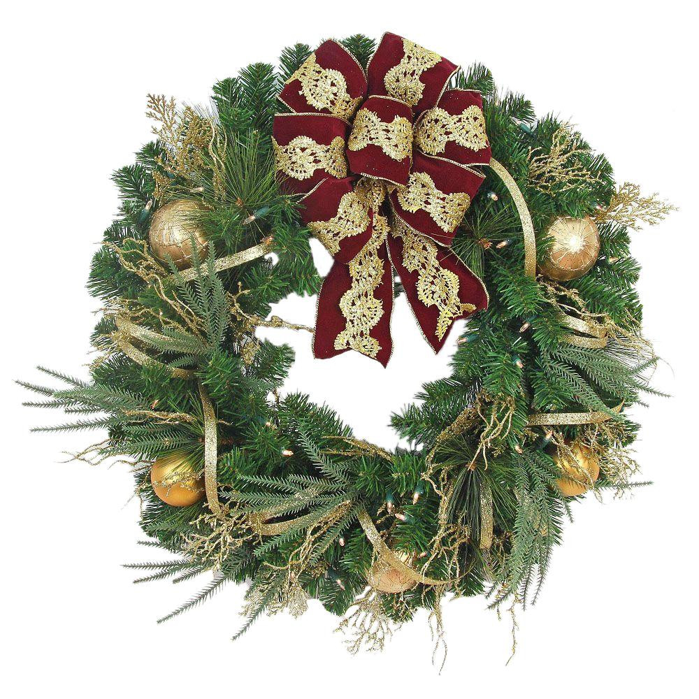 32 in. Pre-Lit Valenzia Artificial Christmas Wreath With Red and Gold Ribbon, 50 Warm White LED Lights