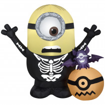 3.5' Airblown Inflatable Minion Stuart Skeleton w/Pumpkin Scene