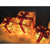 3pc Lighted Burlap Floral Christmas Gift Boxes