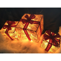 3pc Lighted Burlap Floral Christmas Gift Boxes