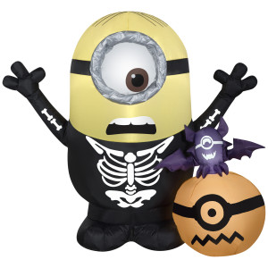 3.5' Airblown Inflatable Minion Stuart Skeleton w/Pumpkin Scene