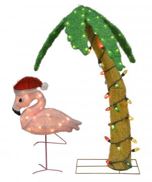 Lighted LED Palm Tree and Flamingo with Santa Hat 