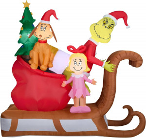 9ft Wide Airblown Grinch with Max and Cindy Lou on Sleigh Scene Inflatable Christmas Decor